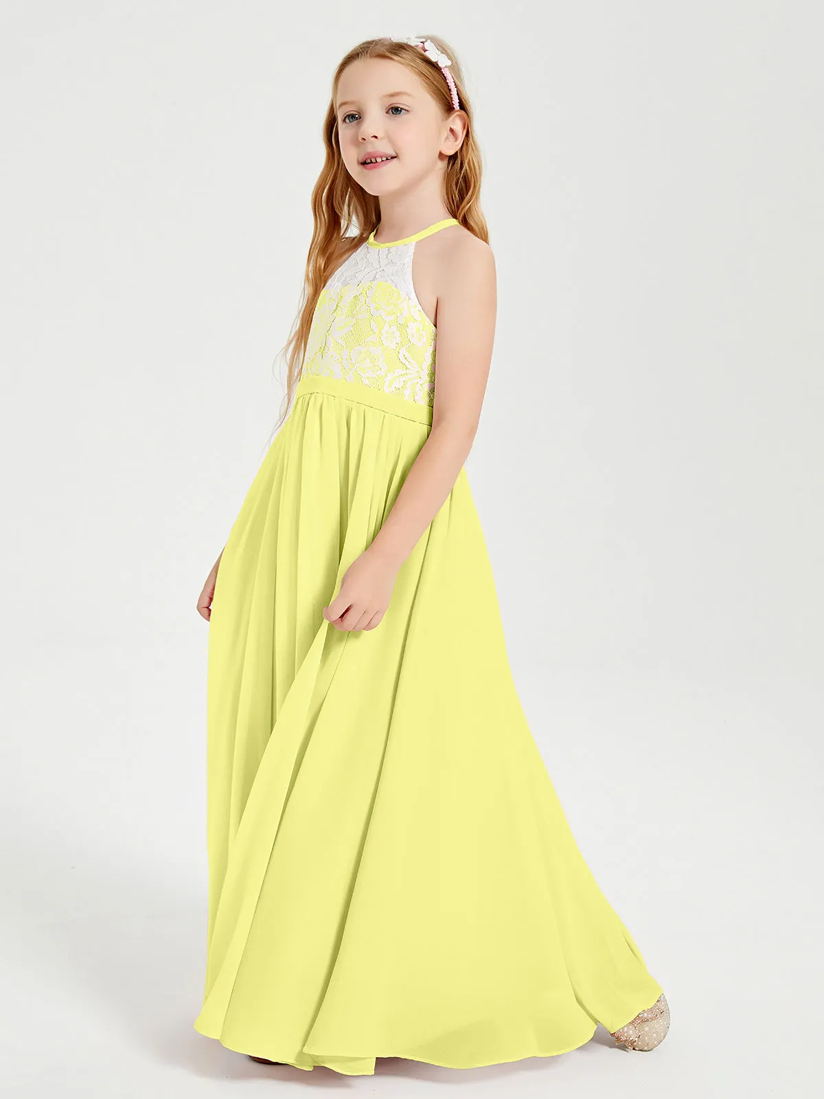 Long Chiffon Bridesmaid Dresses Lace Top Daffodil