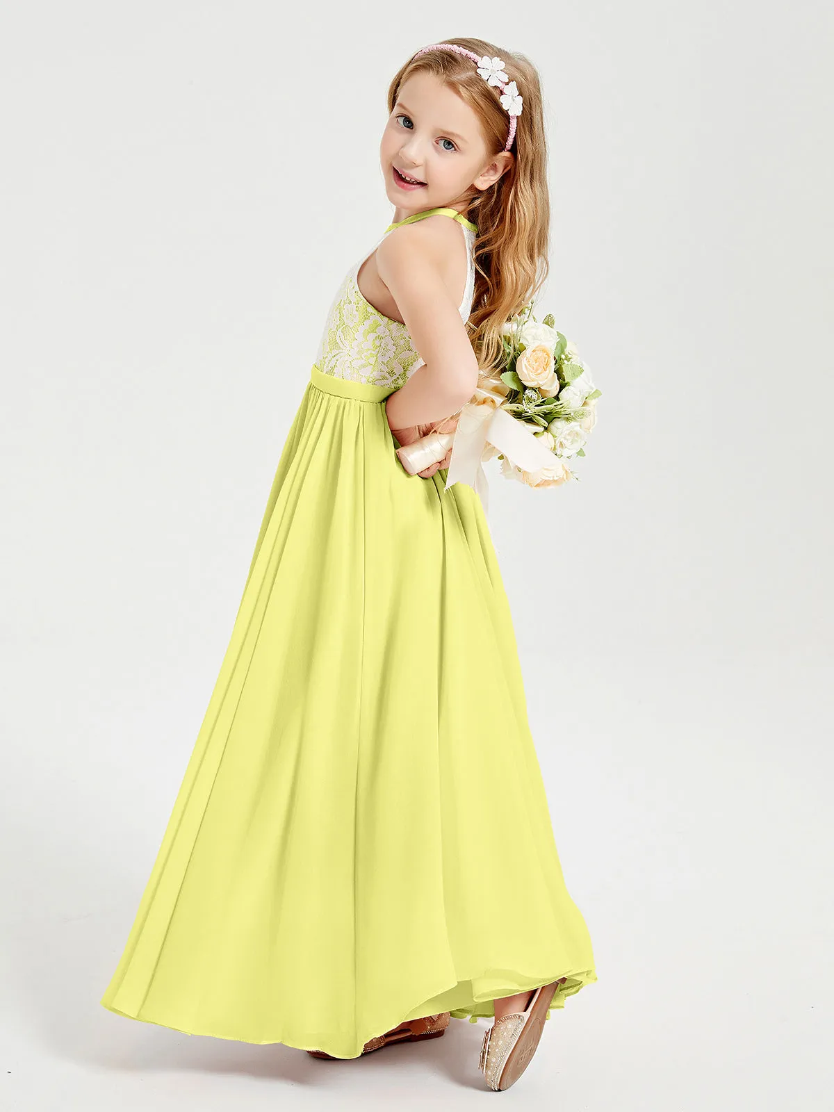 Long Chiffon Bridesmaid Dresses Lace Top Daffodil