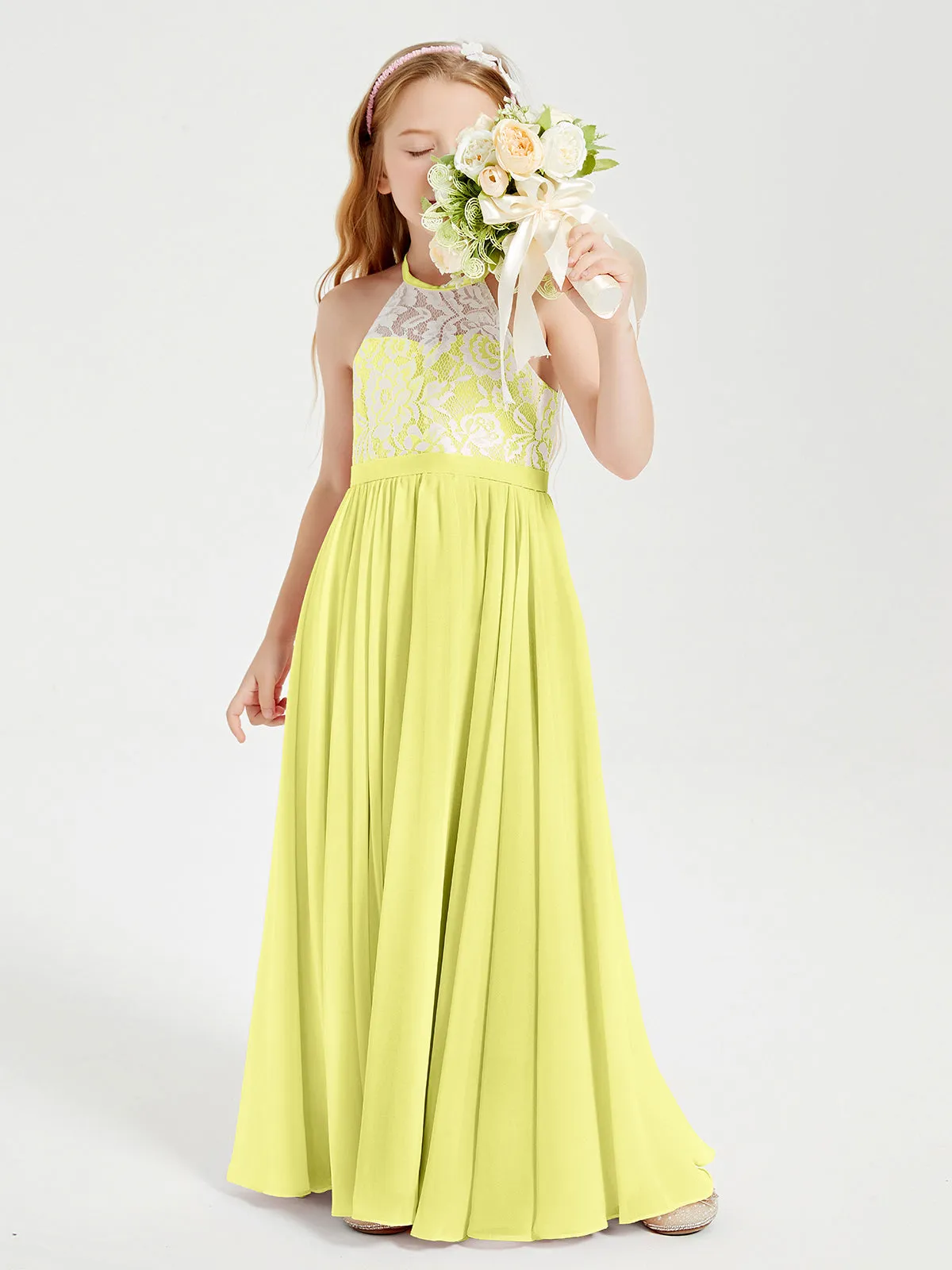 Long Chiffon Bridesmaid Dresses Lace Top Daffodil