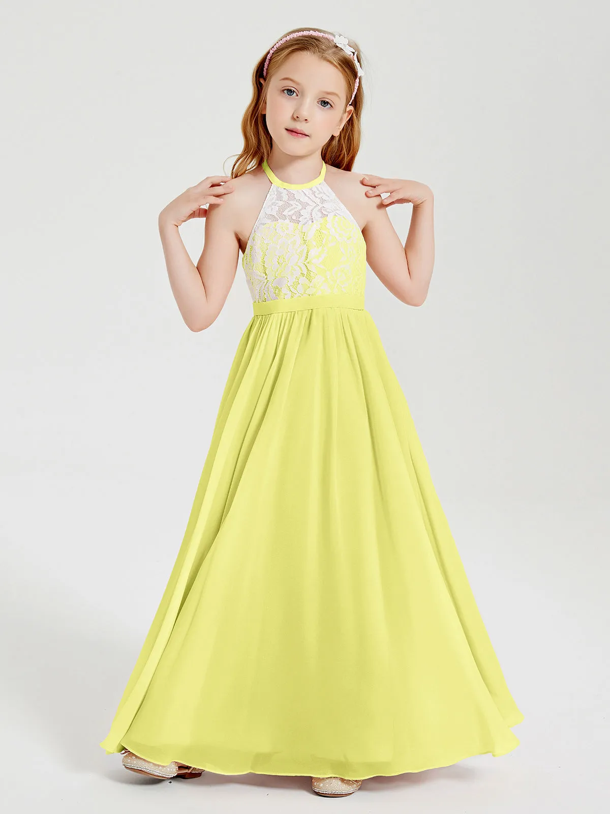 Long Chiffon Bridesmaid Dresses Lace Top Daffodil