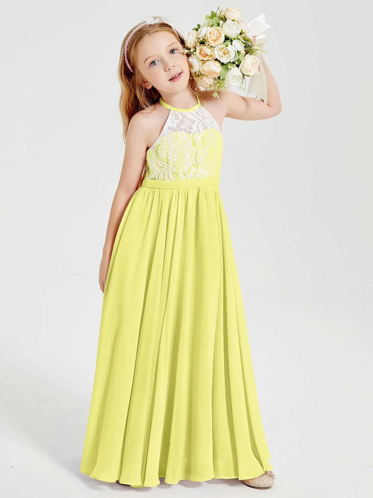 Long Chiffon Bridesmaid Dresses Lace Top Daffodil