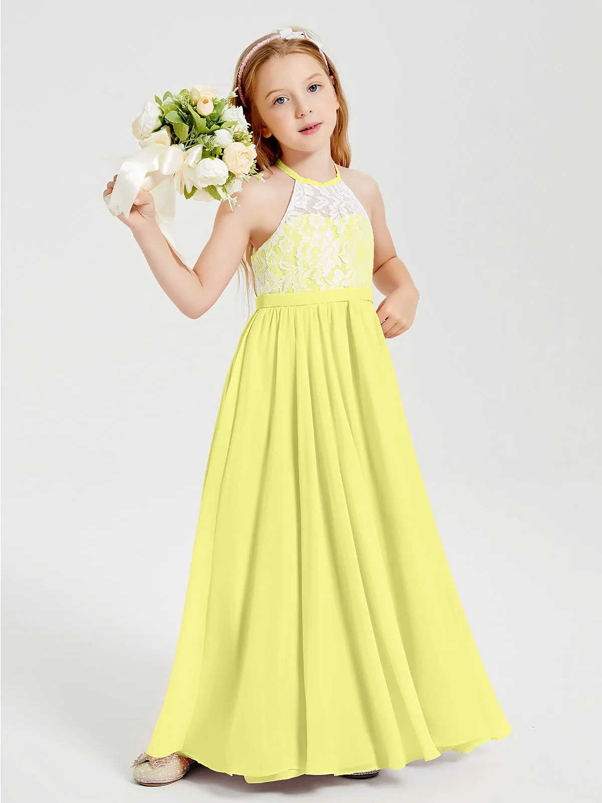 Long Chiffon Bridesmaid Dresses Lace Top Daffodil