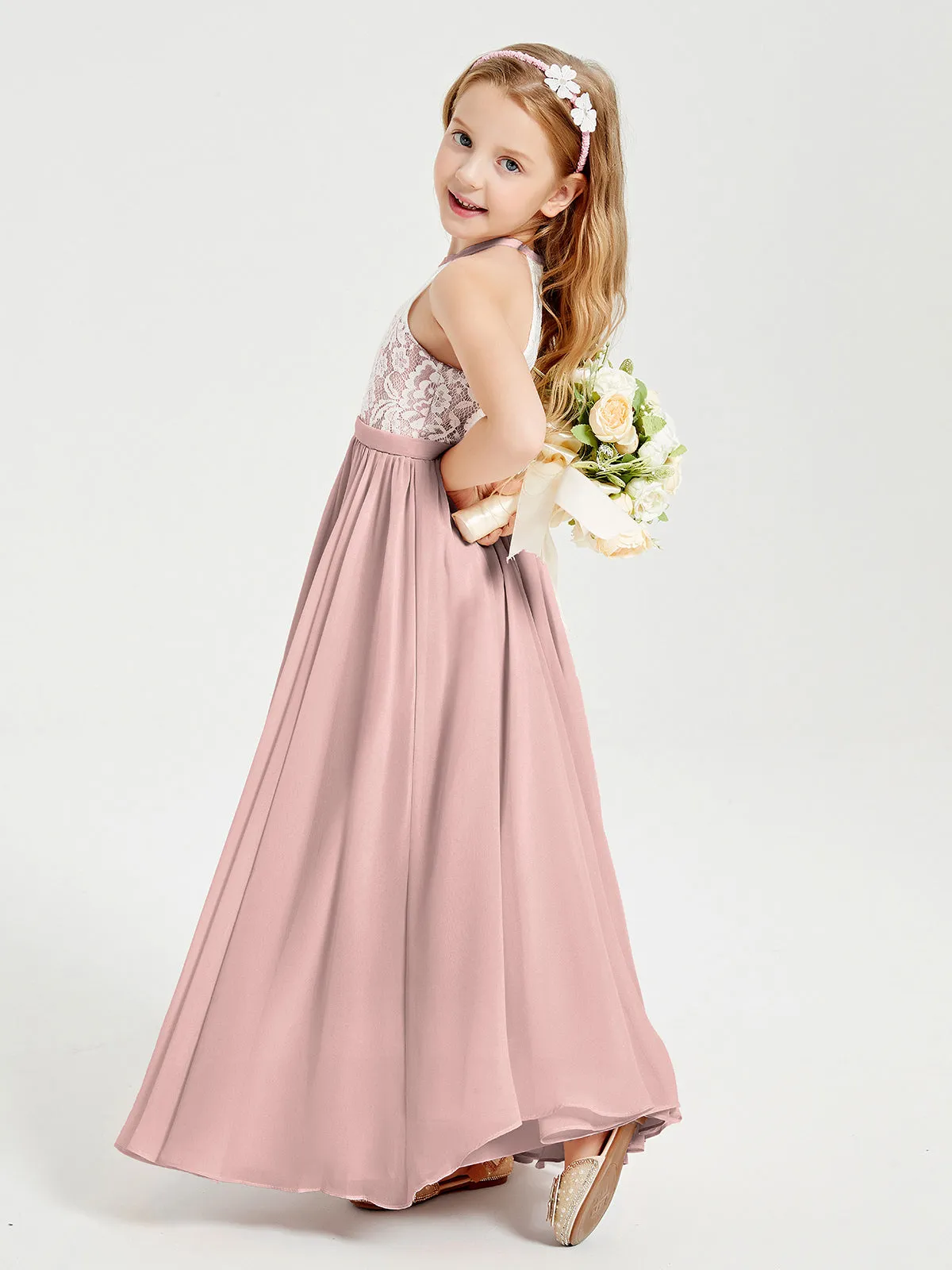 Long Chiffon Bridesmaid Dresses Lace Top Dusty Rose