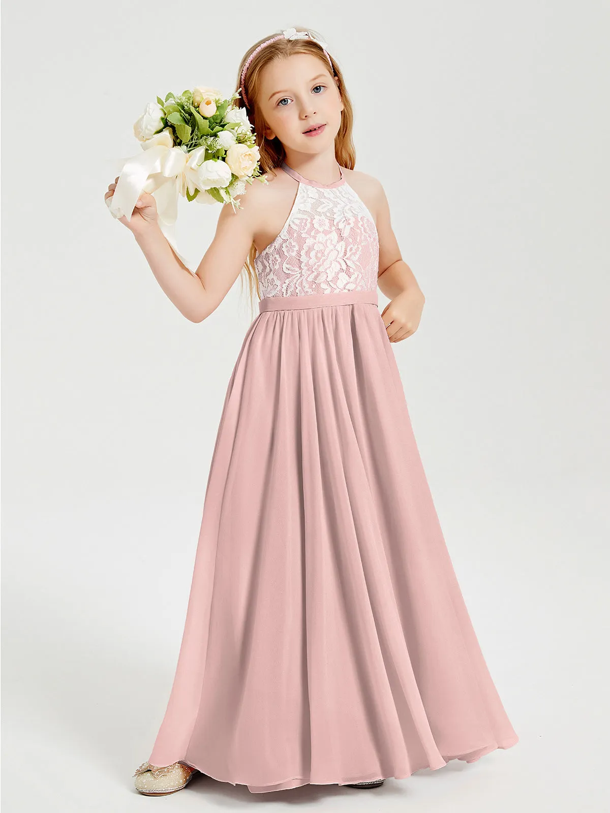 Long Chiffon Bridesmaid Dresses Lace Top Dusty Rose