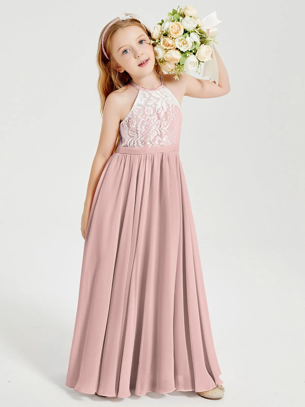 Long Chiffon Bridesmaid Dresses Lace Top Dusty Rose