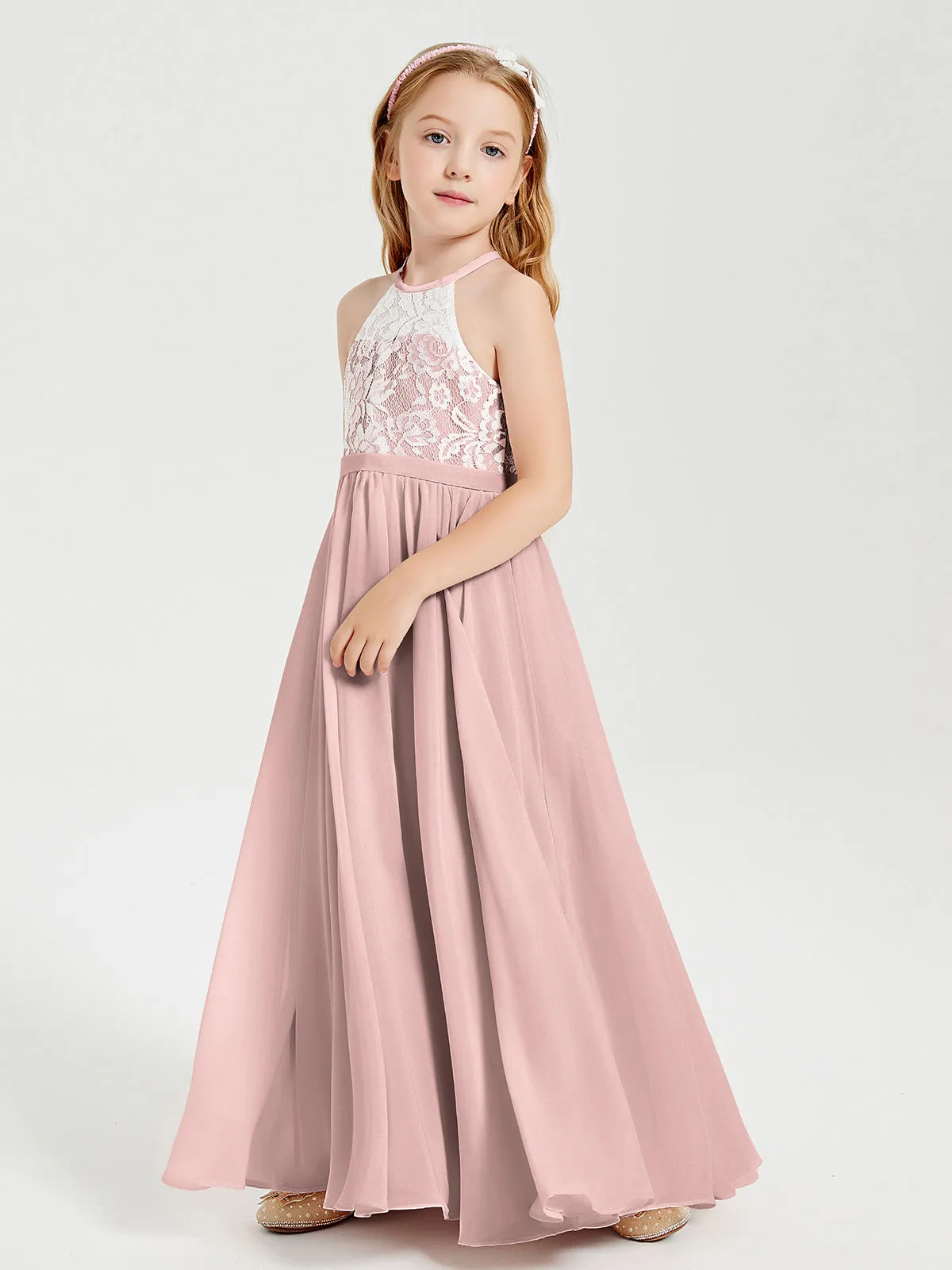 Long Chiffon Bridesmaid Dresses Lace Top Dusty Rose