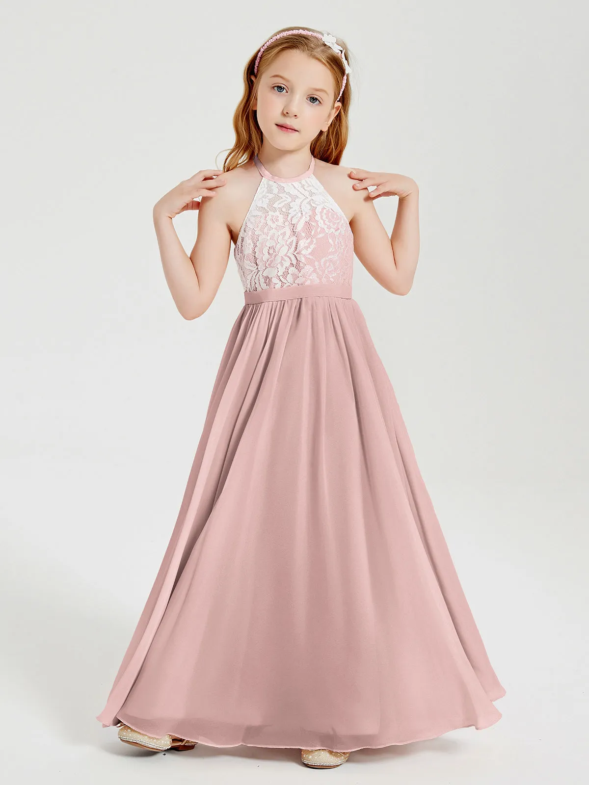 Long Chiffon Bridesmaid Dresses Lace Top Dusty Rose