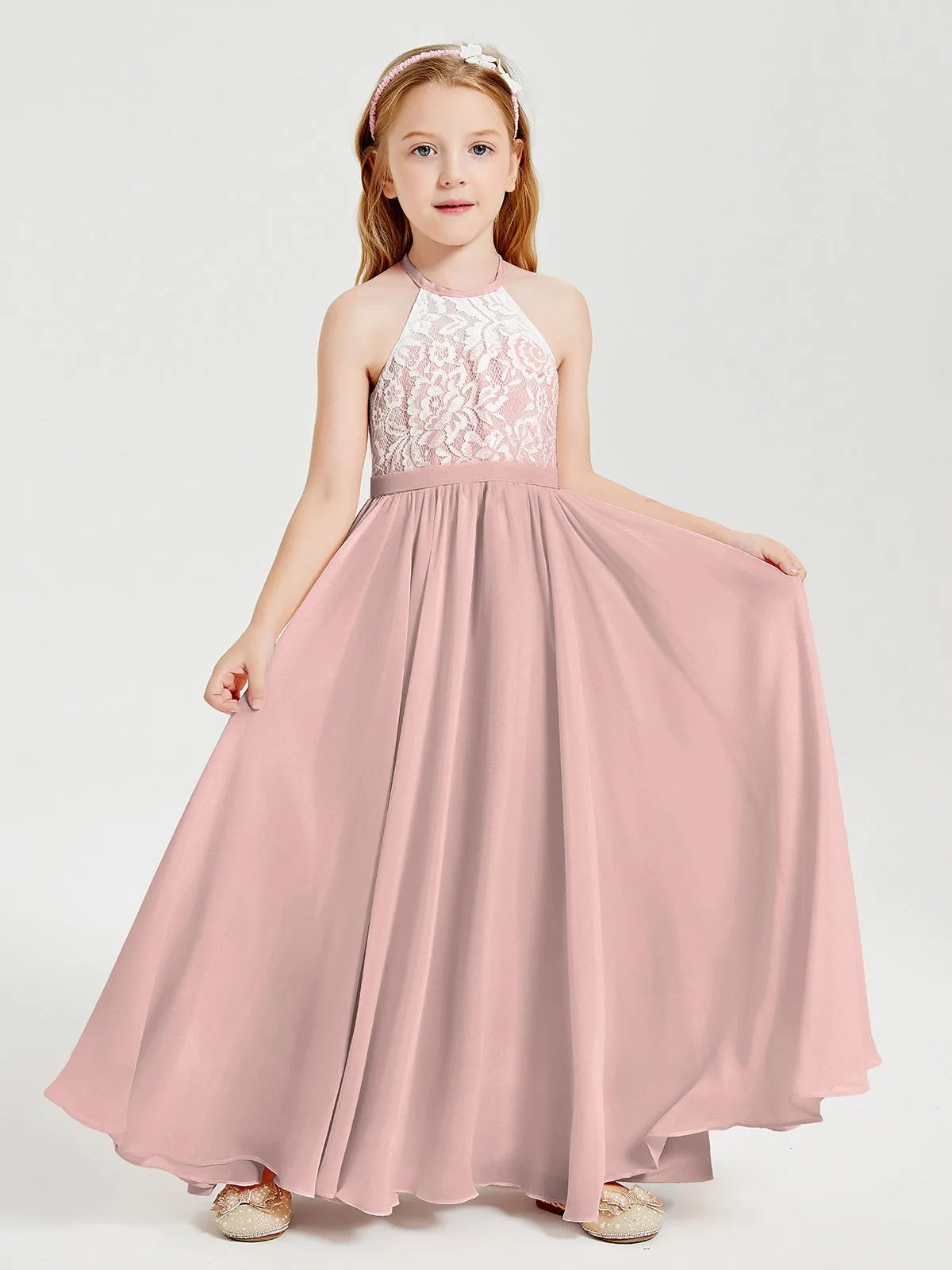 Long Chiffon Bridesmaid Dresses Lace Top Dusty Rose