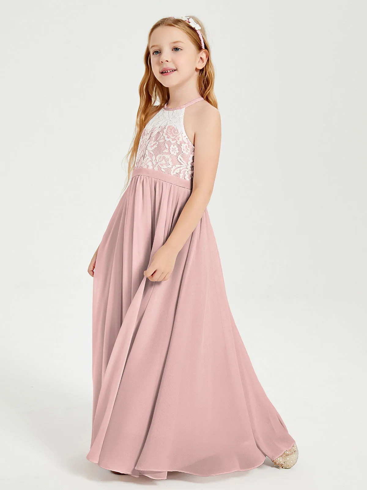 Long Chiffon Bridesmaid Dresses Lace Top Dusty Rose