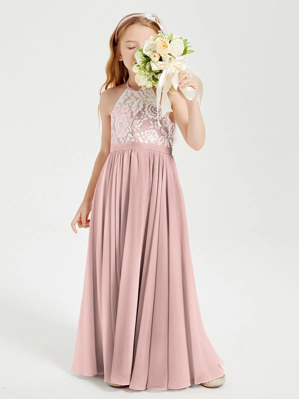 Long Chiffon Bridesmaid Dresses Lace Top Dusty Rose