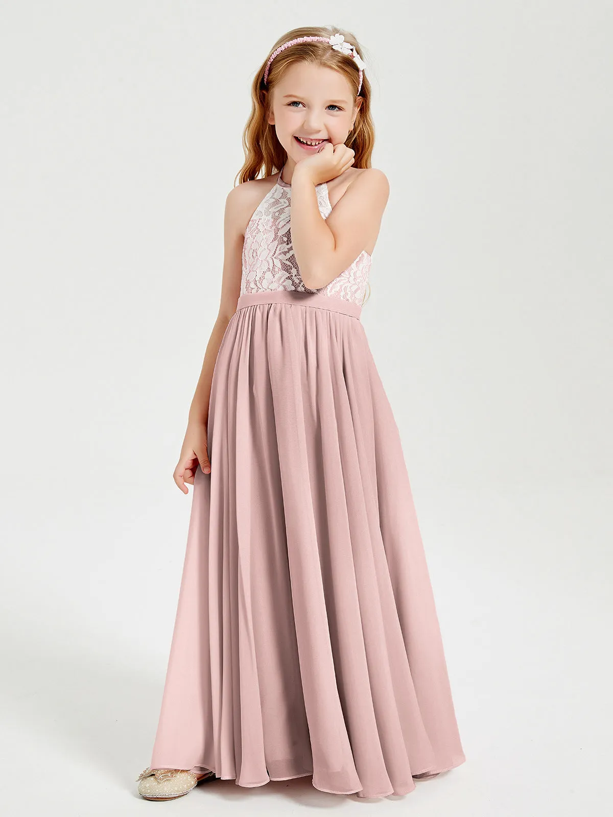 Long Chiffon Bridesmaid Dresses Lace Top Dusty Rose