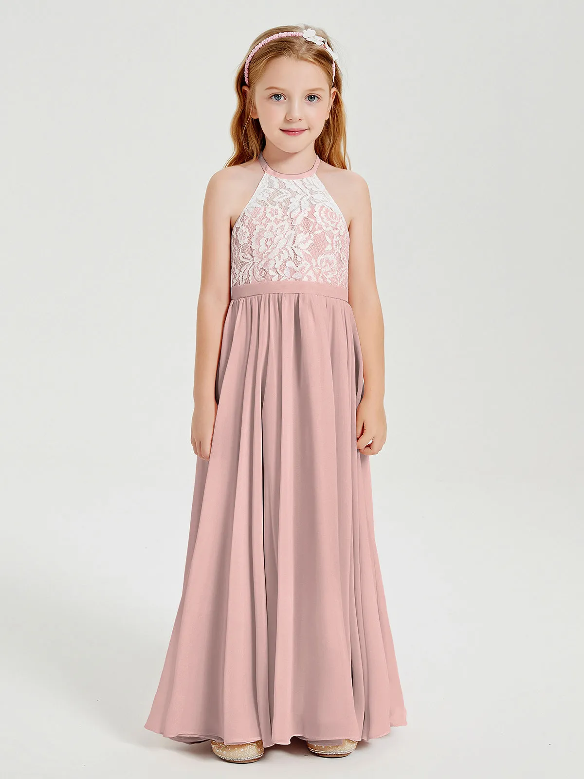 Long Chiffon Bridesmaid Dresses Lace Top Dusty Rose