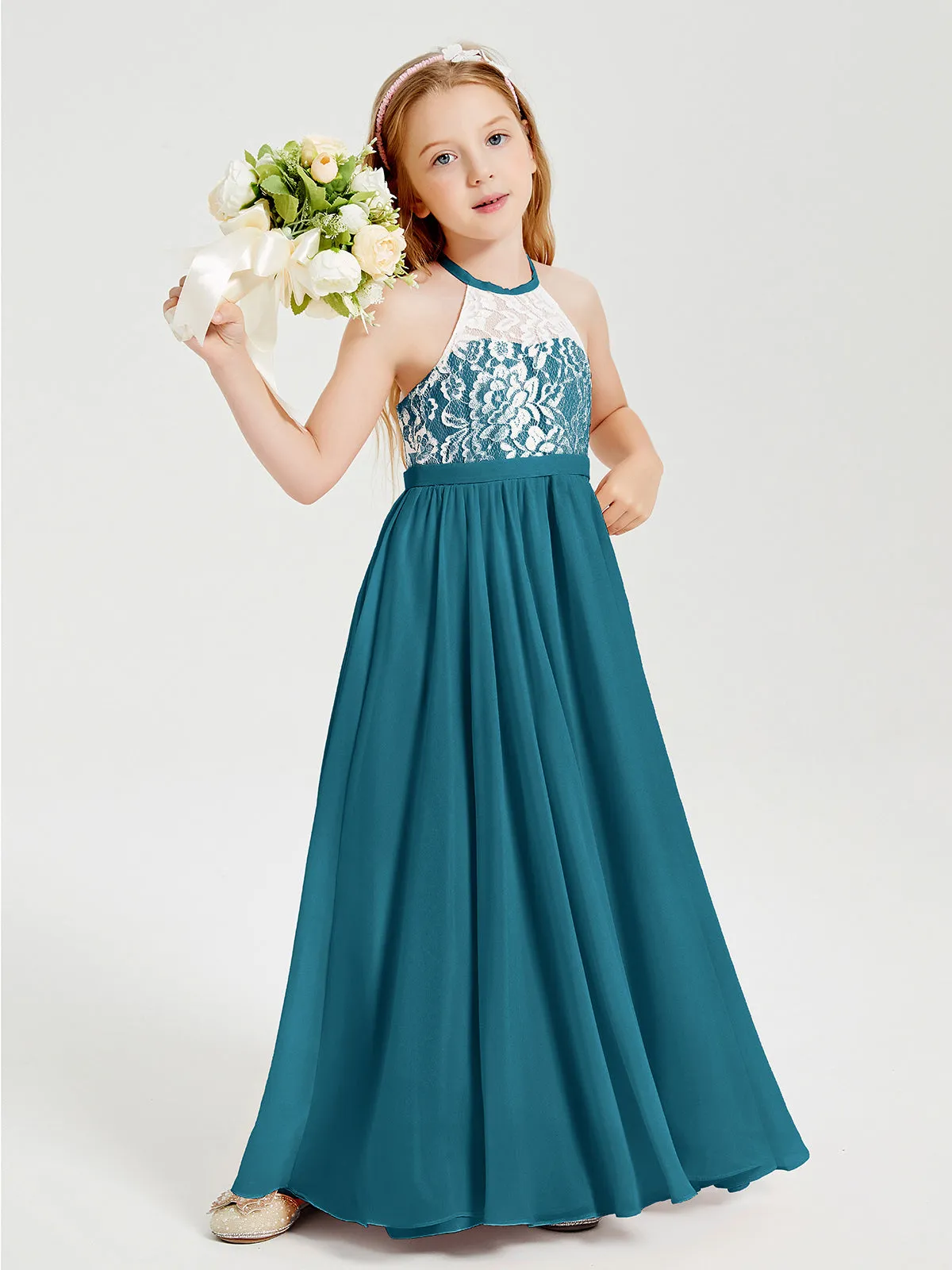 Long Chiffon Bridesmaid Dresses Lace Top Ink Blue