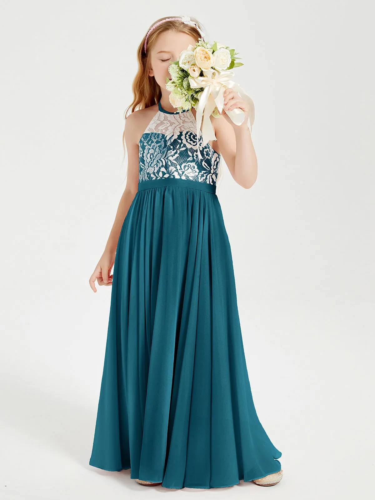 Long Chiffon Bridesmaid Dresses Lace Top Ink Blue