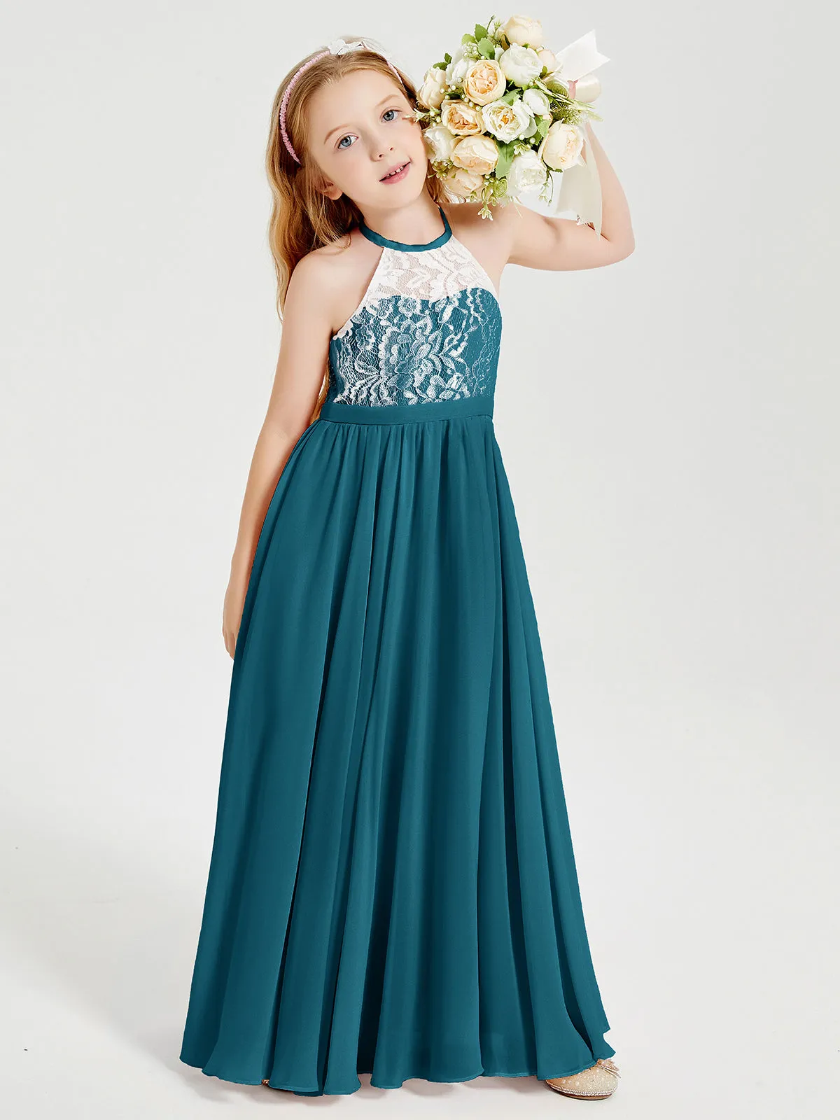 Long Chiffon Bridesmaid Dresses Lace Top Ink Blue