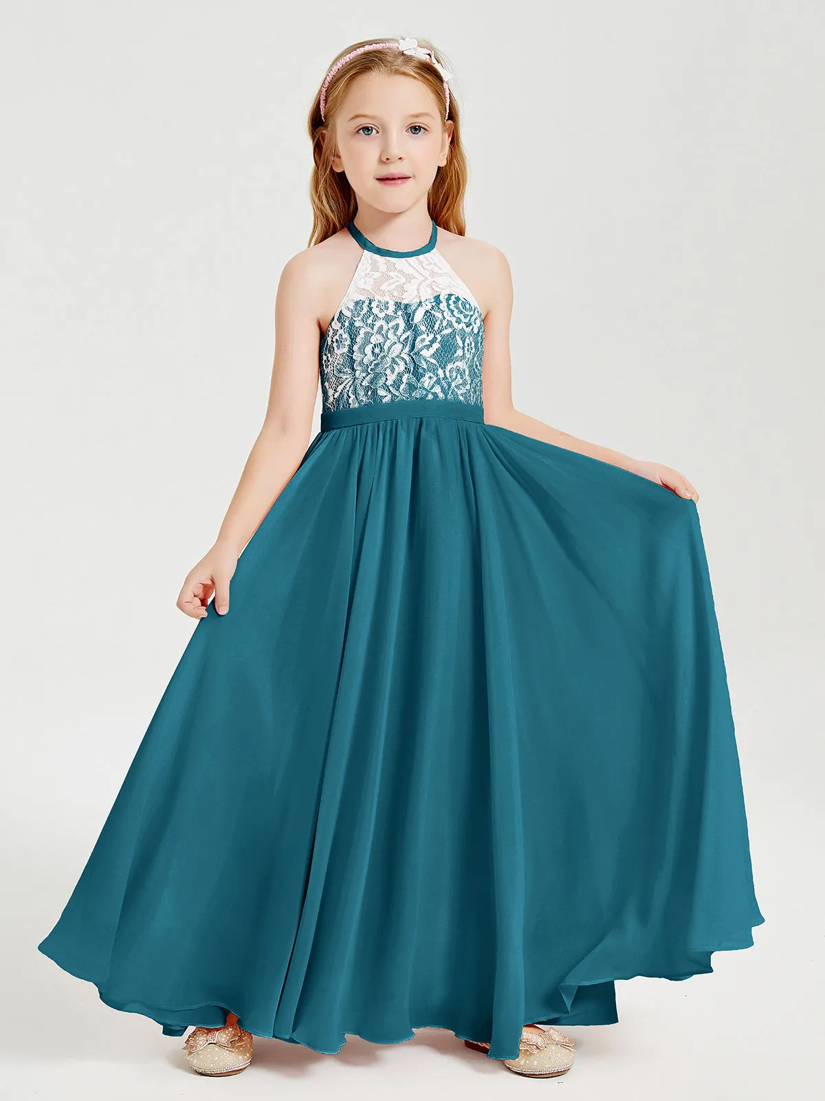 Long Chiffon Bridesmaid Dresses Lace Top Ink Blue