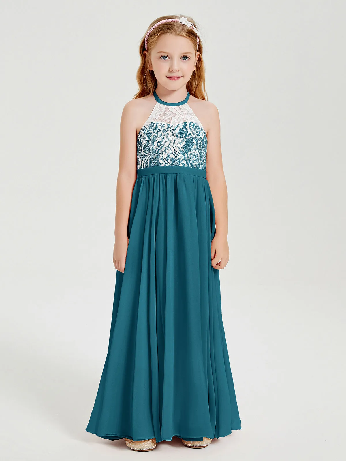 Long Chiffon Bridesmaid Dresses Lace Top Ink Blue