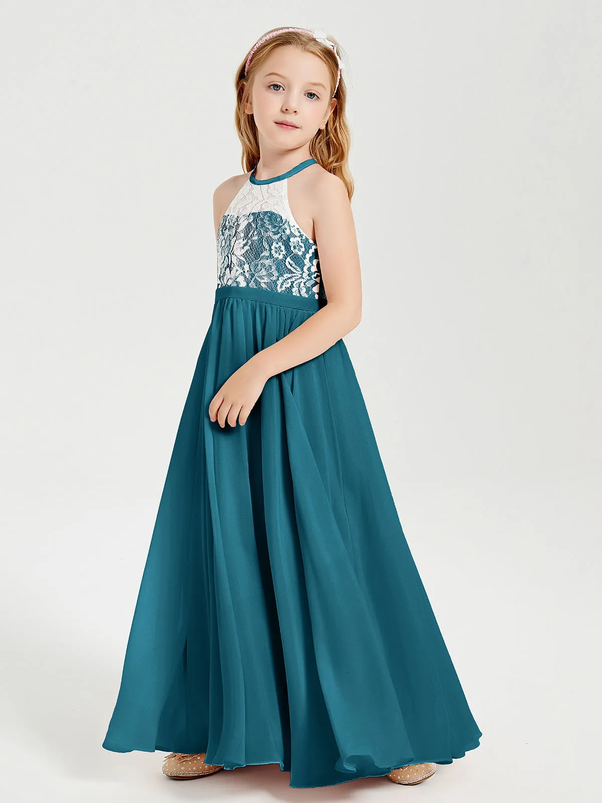 Long Chiffon Bridesmaid Dresses Lace Top Ink Blue