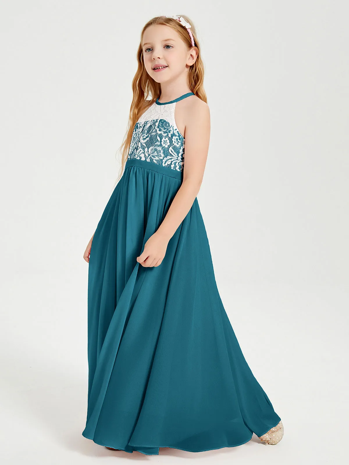 Long Chiffon Bridesmaid Dresses Lace Top Ink Blue