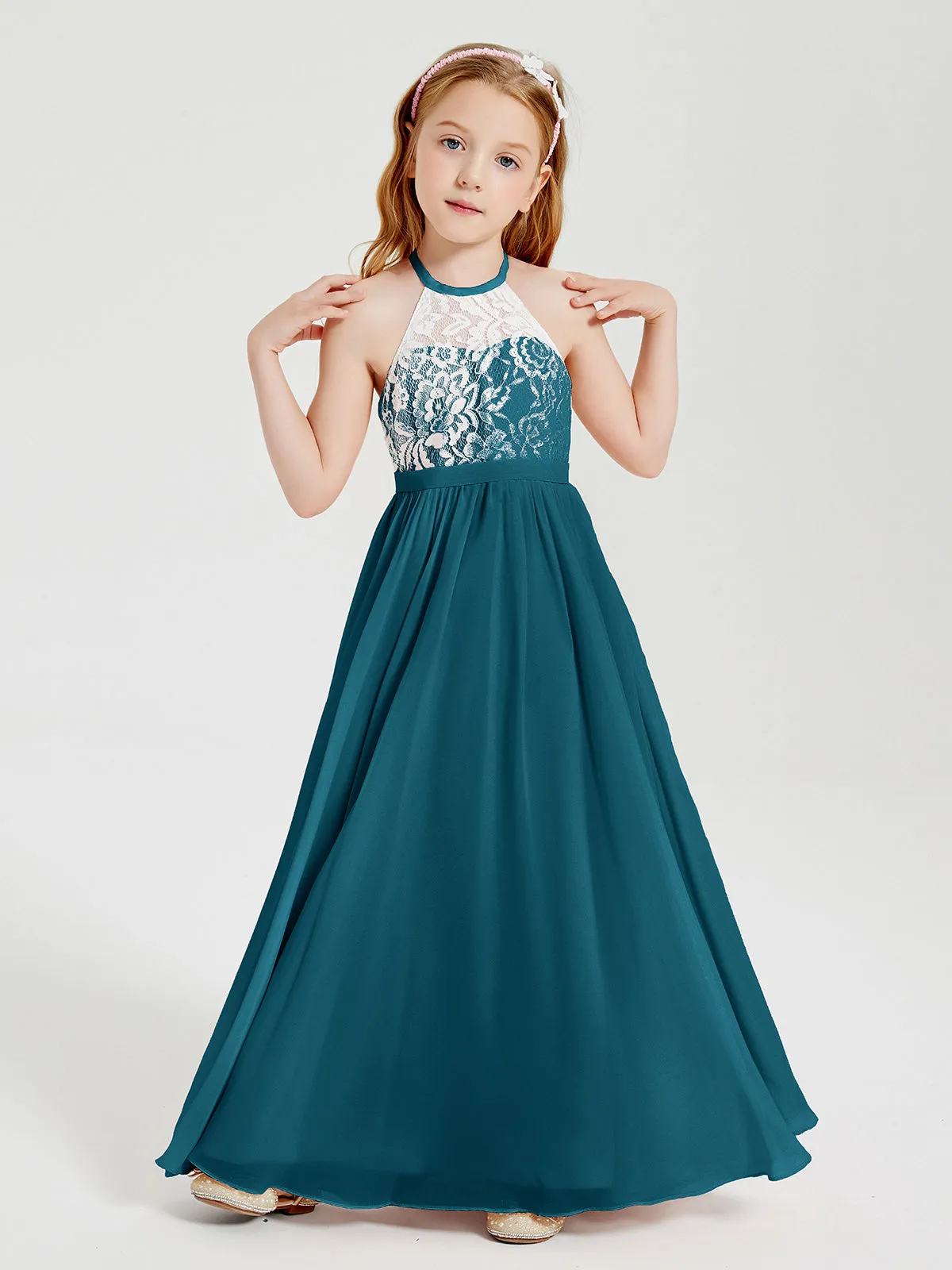 Long Chiffon Bridesmaid Dresses Lace Top Ink Blue