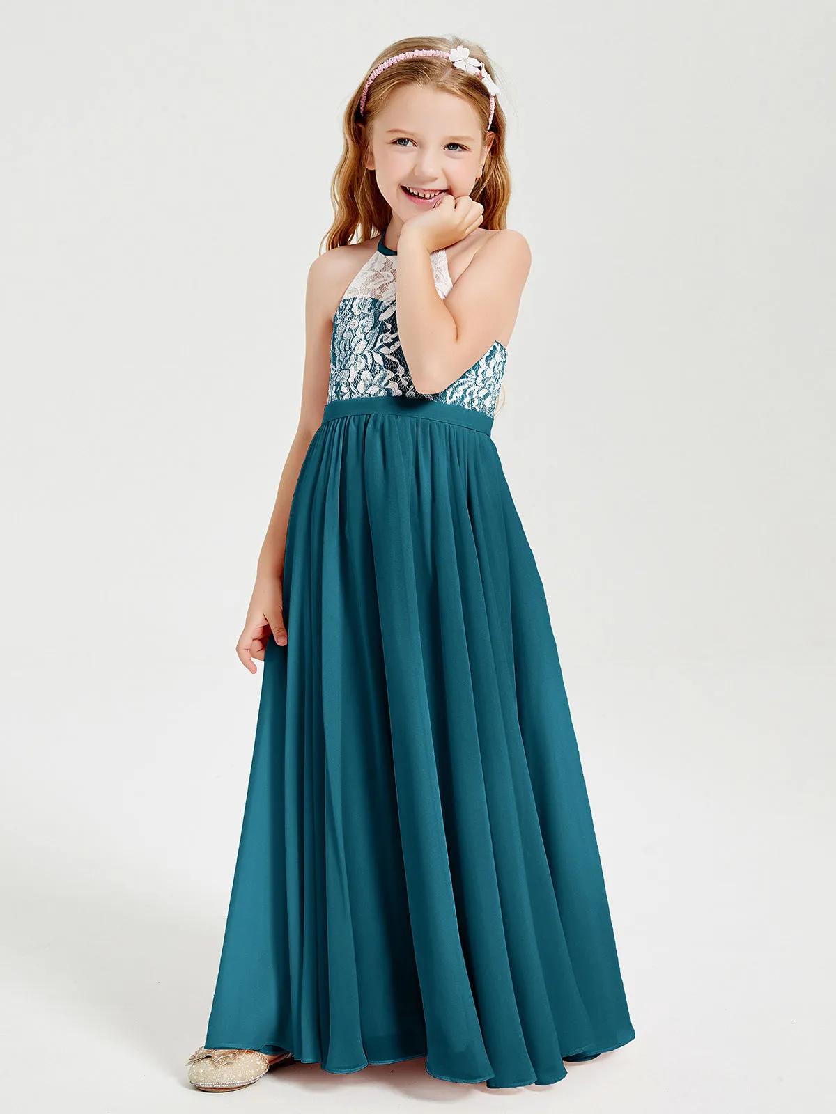 Long Chiffon Bridesmaid Dresses Lace Top Ink Blue