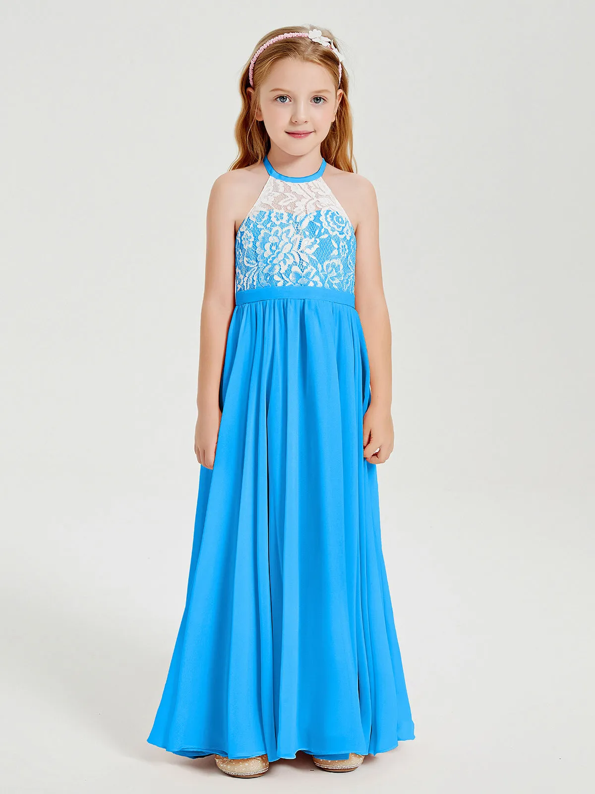 Long Chiffon Bridesmaid Dresses Lace Top Ocean Blue