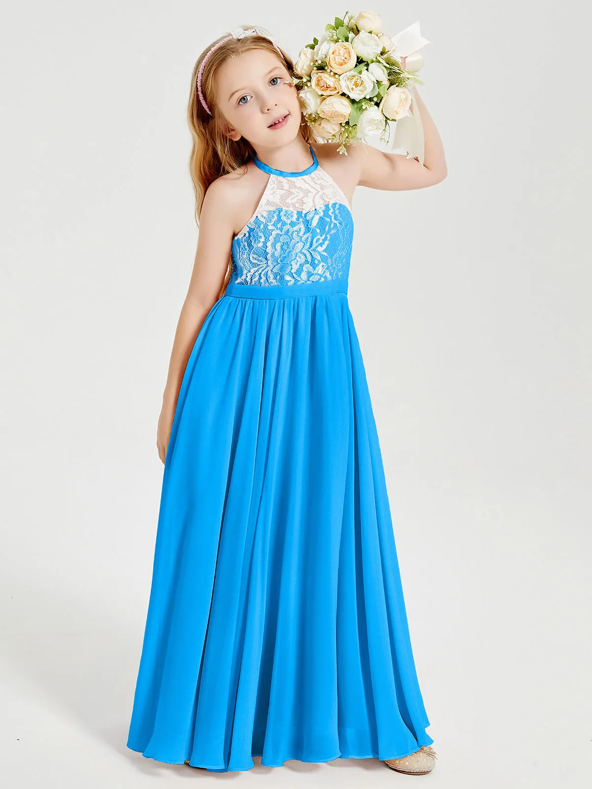 Long Chiffon Bridesmaid Dresses Lace Top Ocean Blue