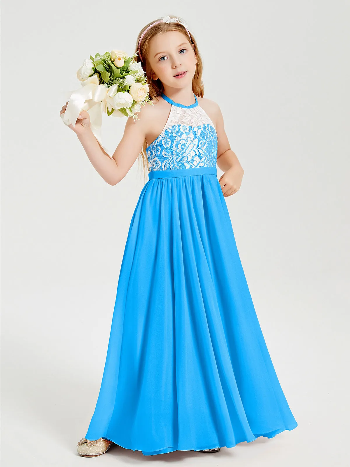 Long Chiffon Bridesmaid Dresses Lace Top Ocean Blue