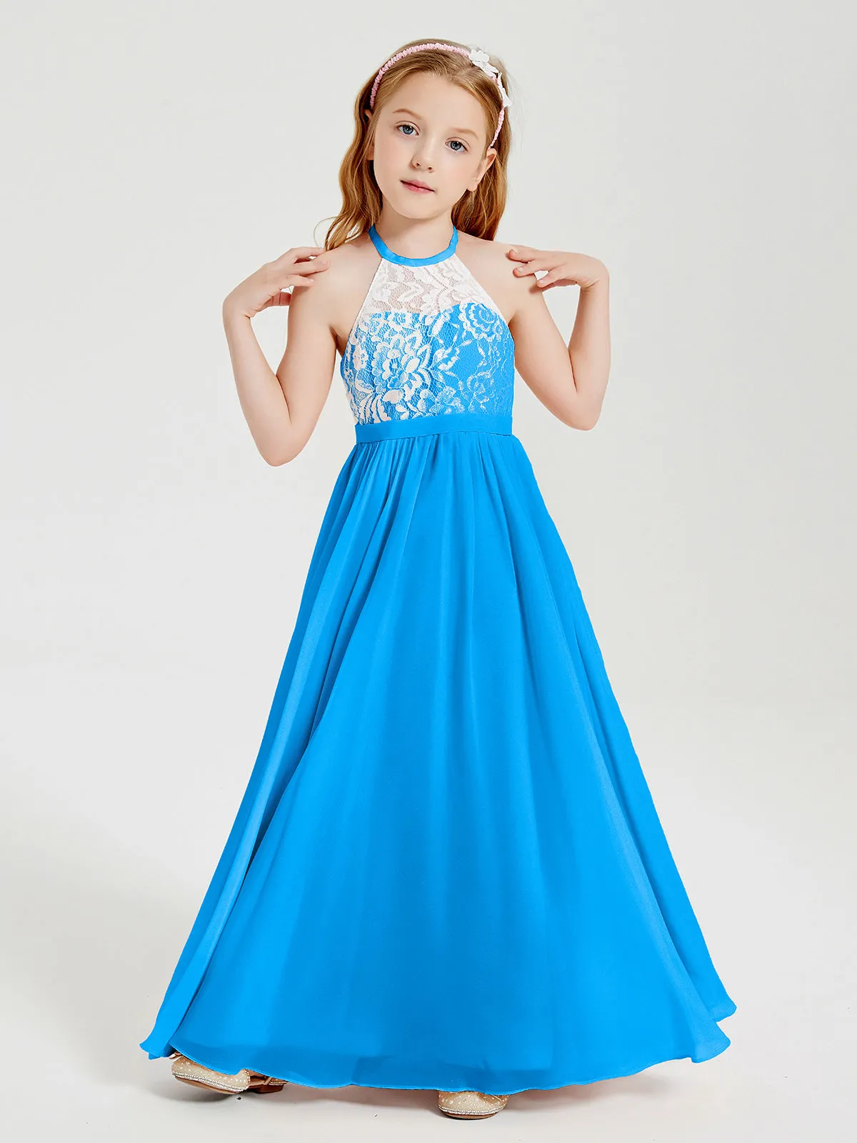 Long Chiffon Bridesmaid Dresses Lace Top Ocean Blue