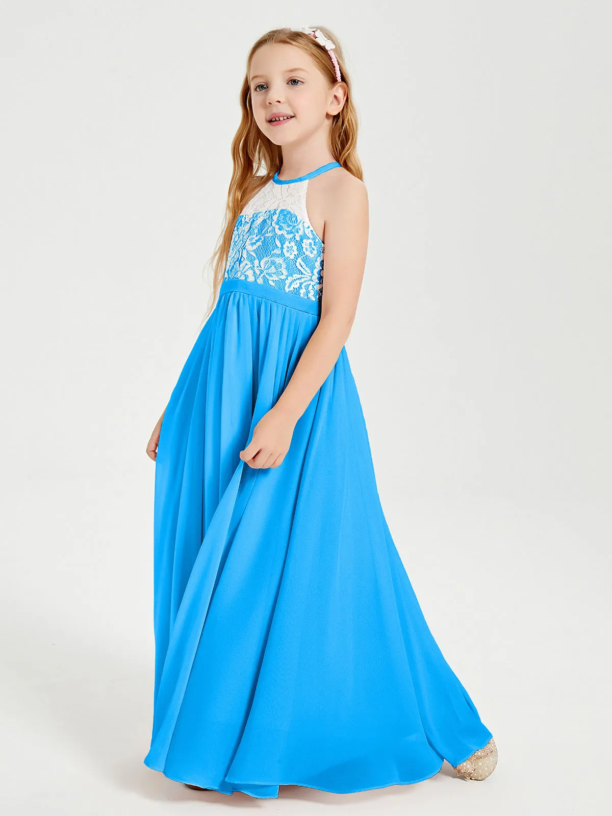 Long Chiffon Bridesmaid Dresses Lace Top Ocean Blue