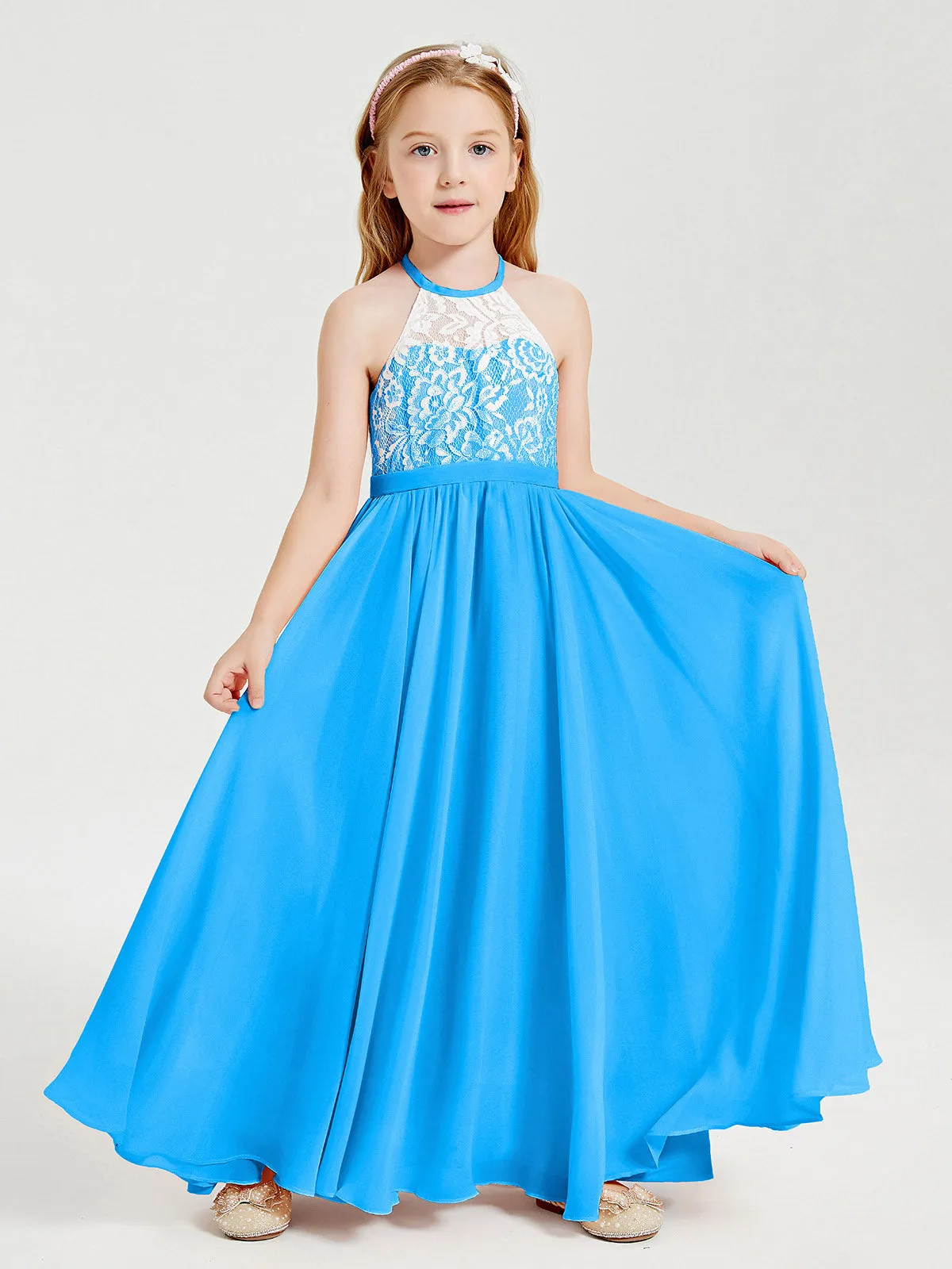 Long Chiffon Bridesmaid Dresses Lace Top Ocean Blue