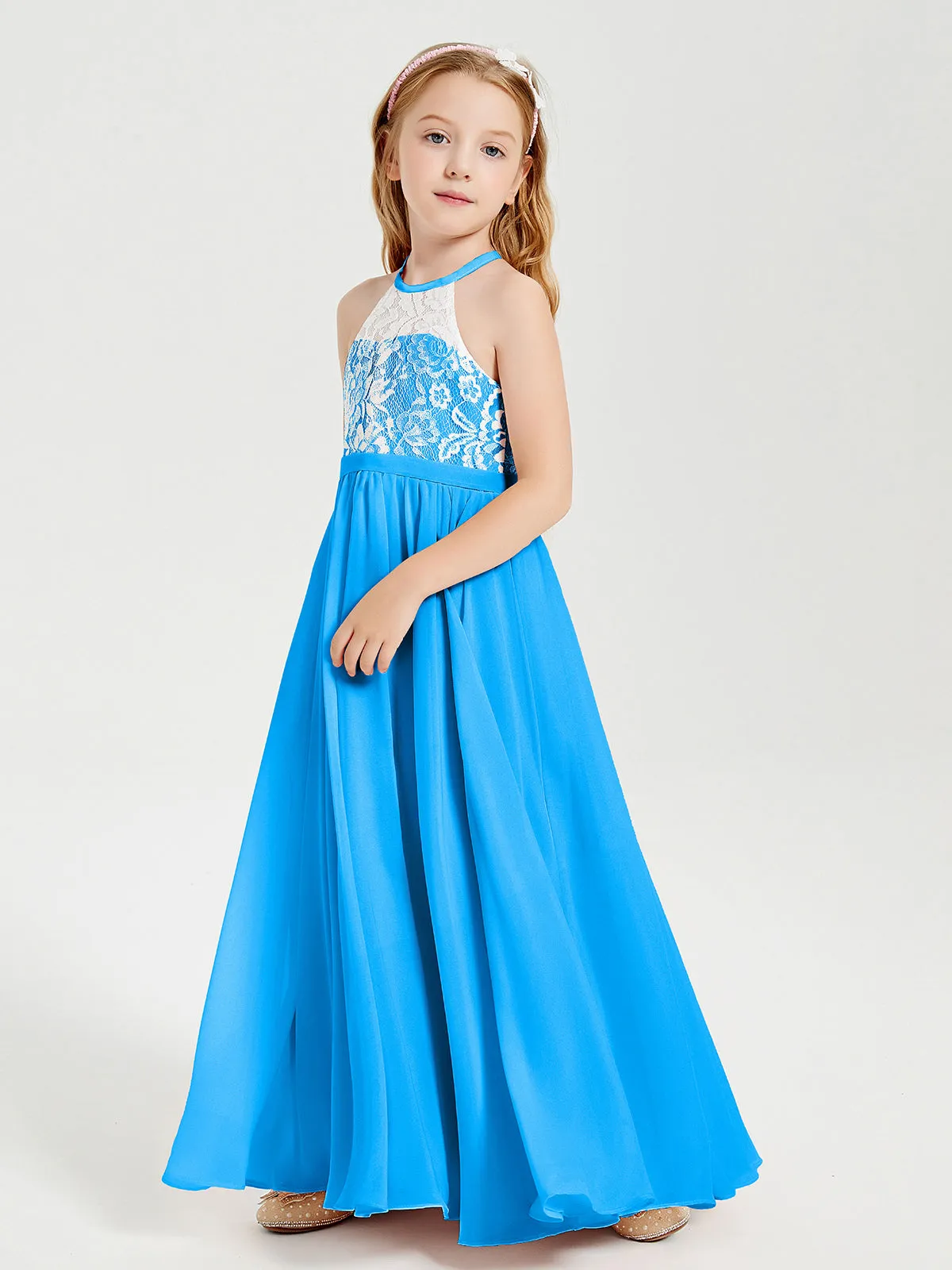 Long Chiffon Bridesmaid Dresses Lace Top Ocean Blue