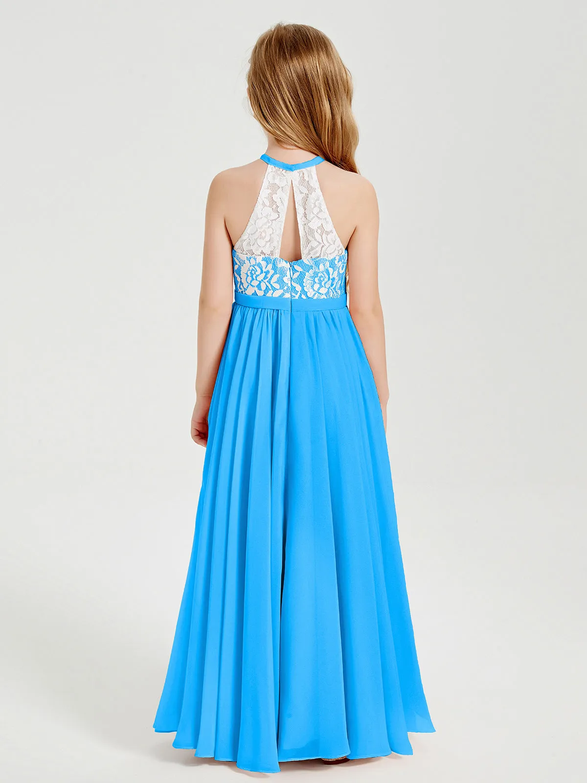 Long Chiffon Bridesmaid Dresses Lace Top Ocean Blue