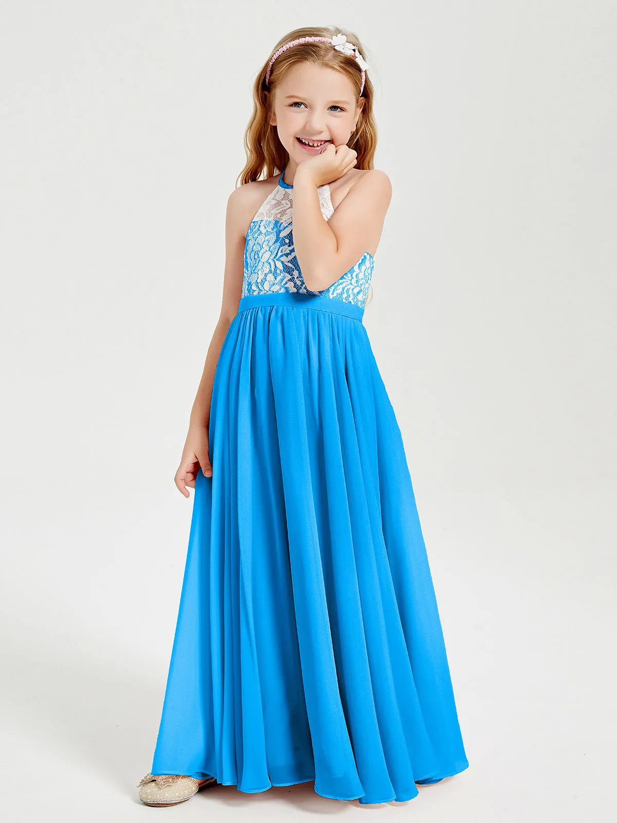 Long Chiffon Bridesmaid Dresses Lace Top Ocean Blue