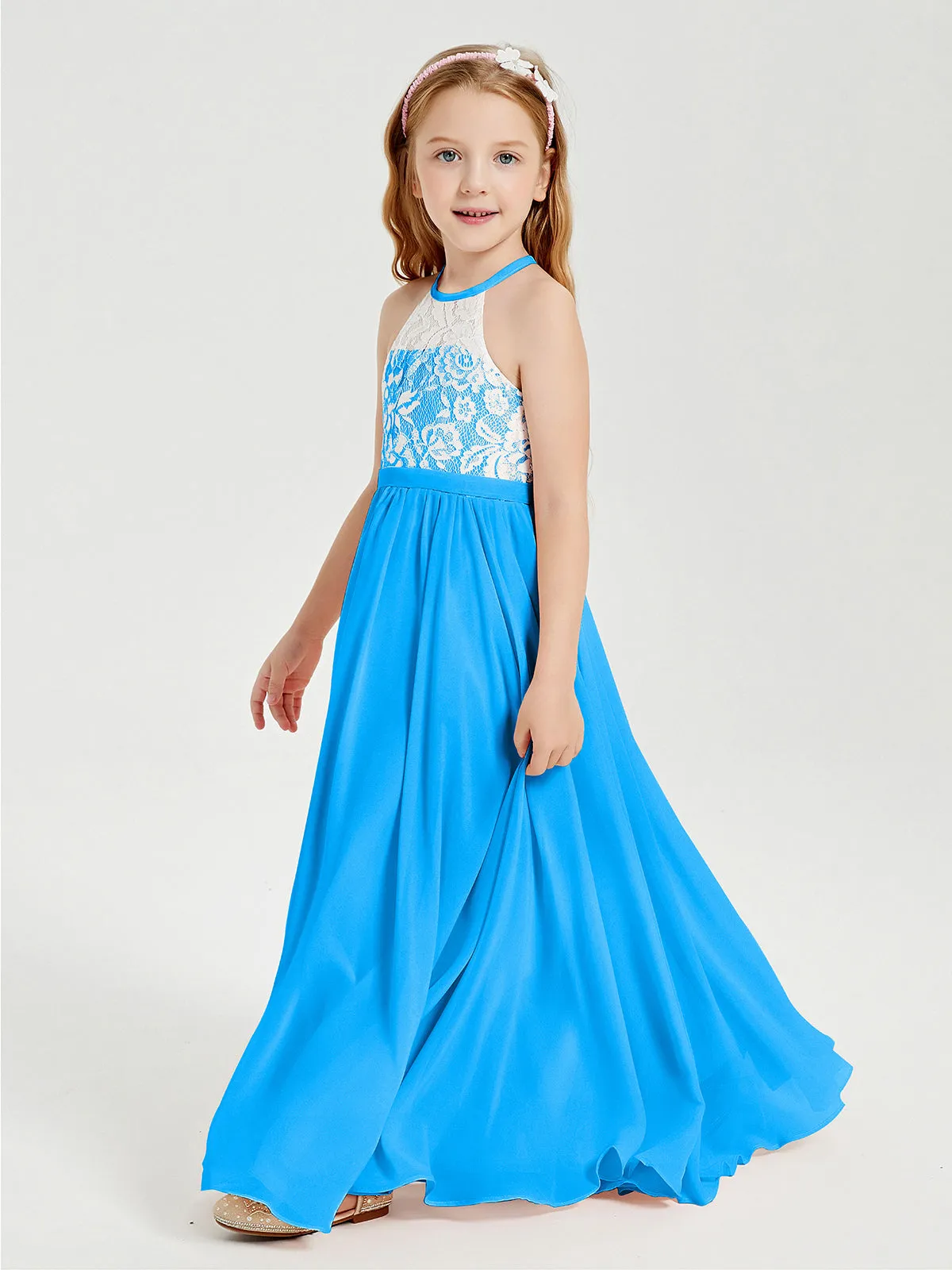 Long Chiffon Bridesmaid Dresses Lace Top Ocean Blue