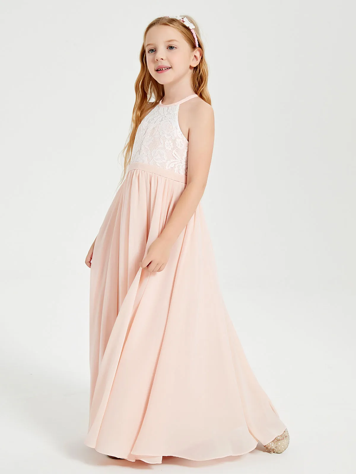 Long Chiffon Bridesmaid Dresses Lace Top Pearl Pink