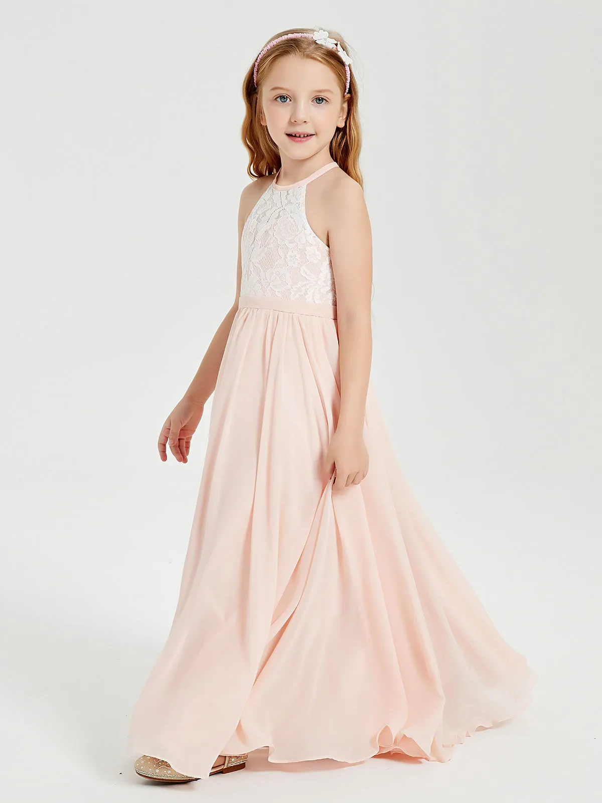 Long Chiffon Bridesmaid Dresses Lace Top Pearl Pink