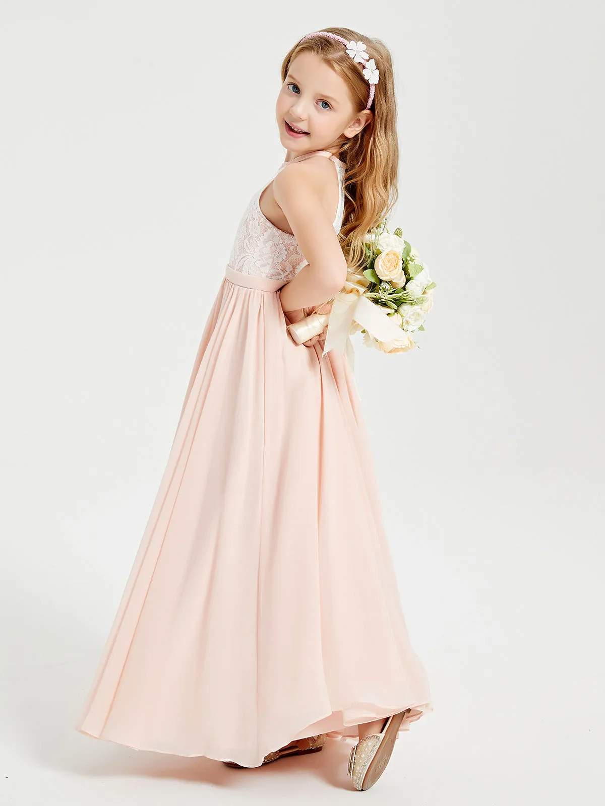 Long Chiffon Bridesmaid Dresses Lace Top Pearl Pink