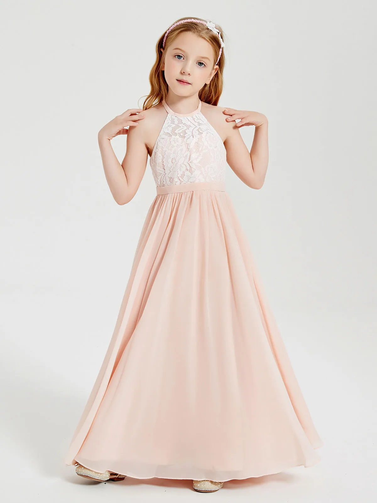 Long Chiffon Bridesmaid Dresses Lace Top Pearl Pink