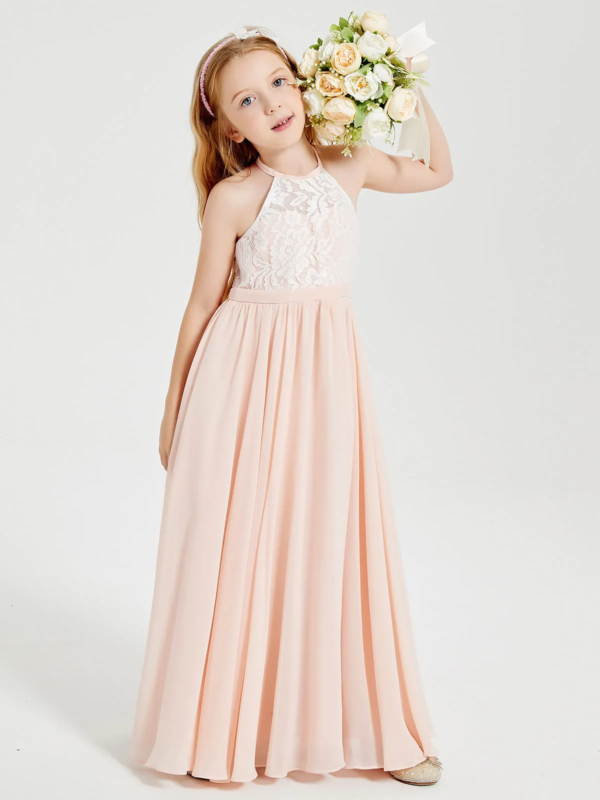 Long Chiffon Bridesmaid Dresses Lace Top Pearl Pink