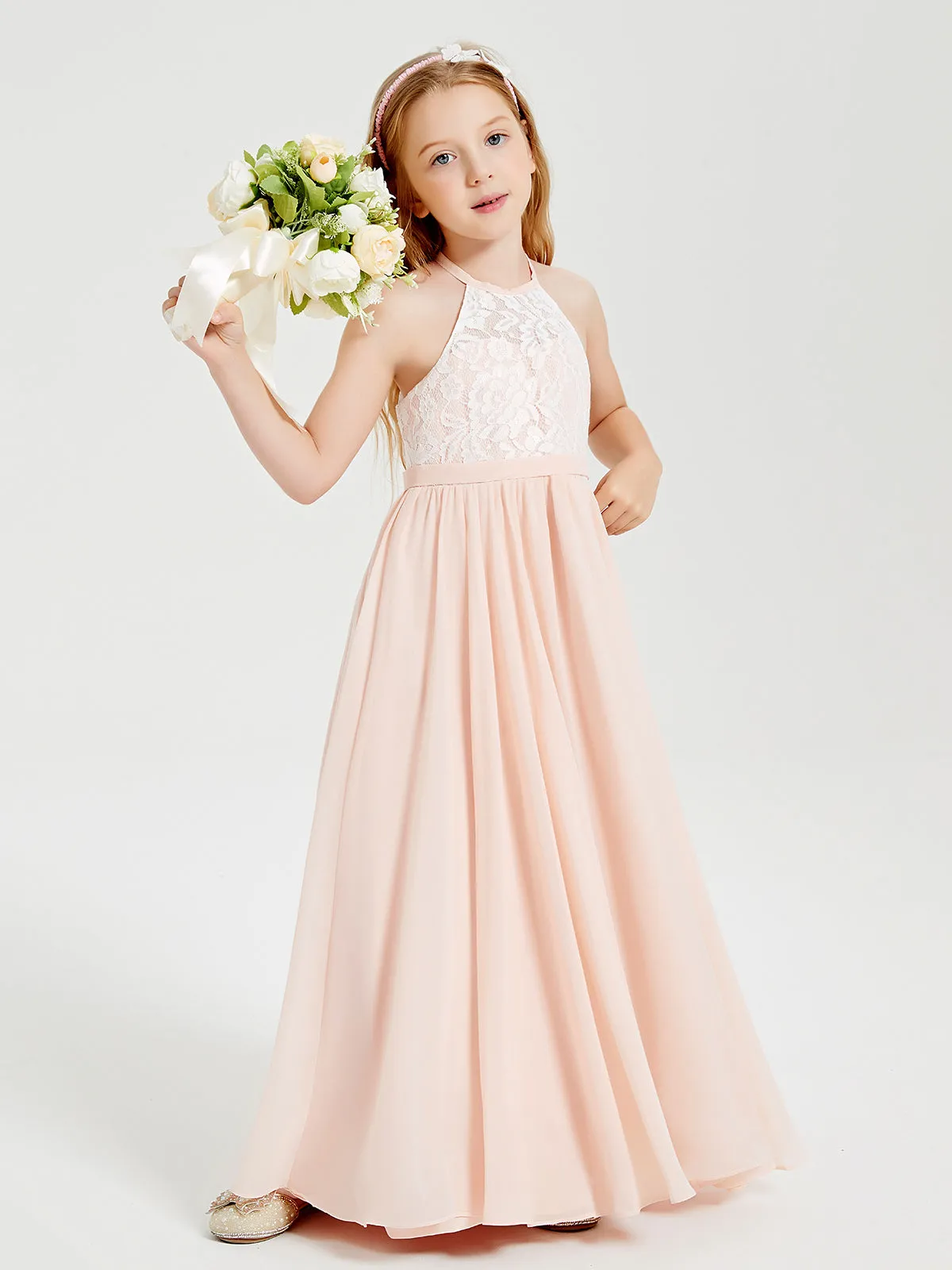 Long Chiffon Bridesmaid Dresses Lace Top Pearl Pink