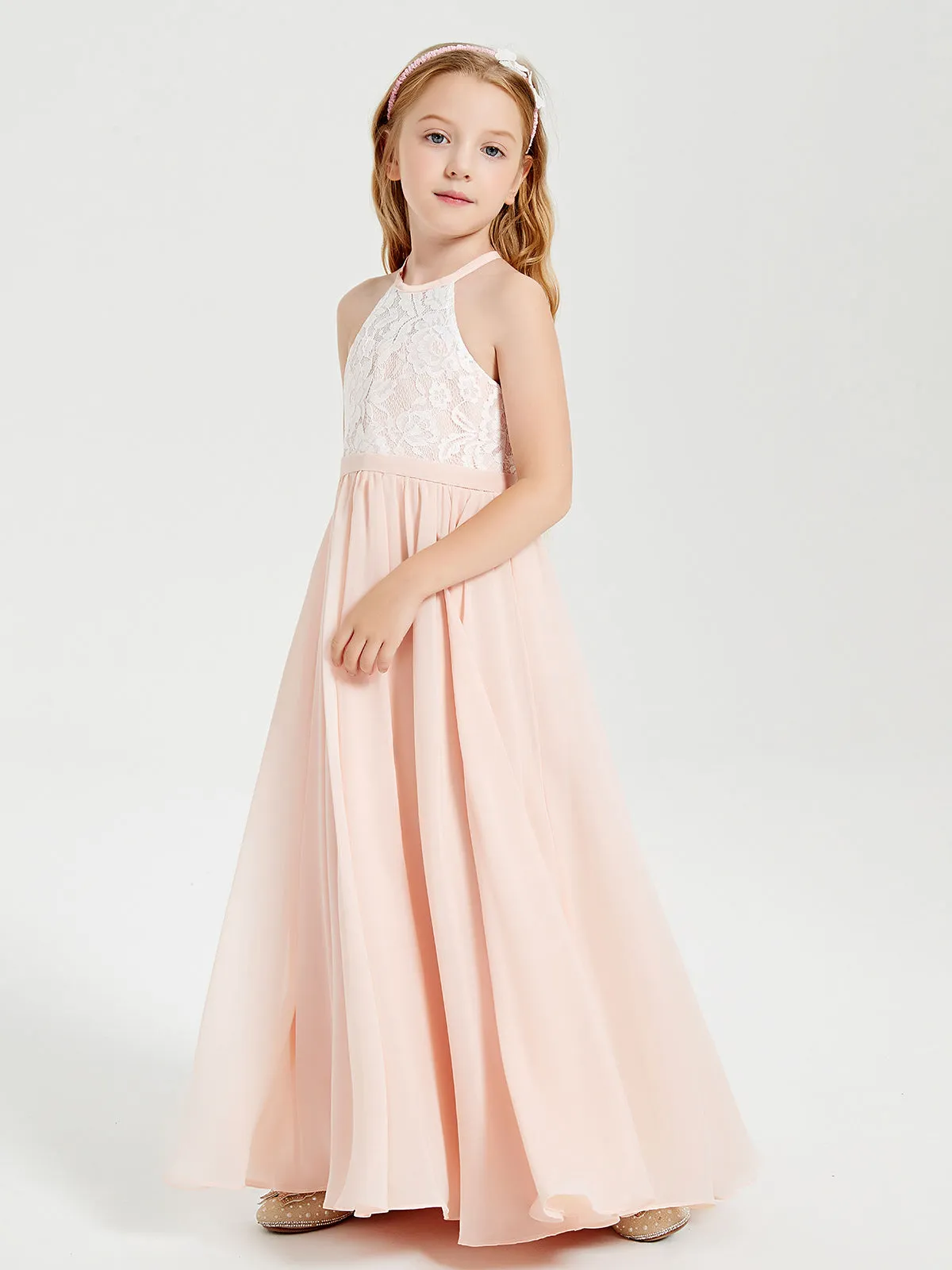 Long Chiffon Bridesmaid Dresses Lace Top Pearl Pink