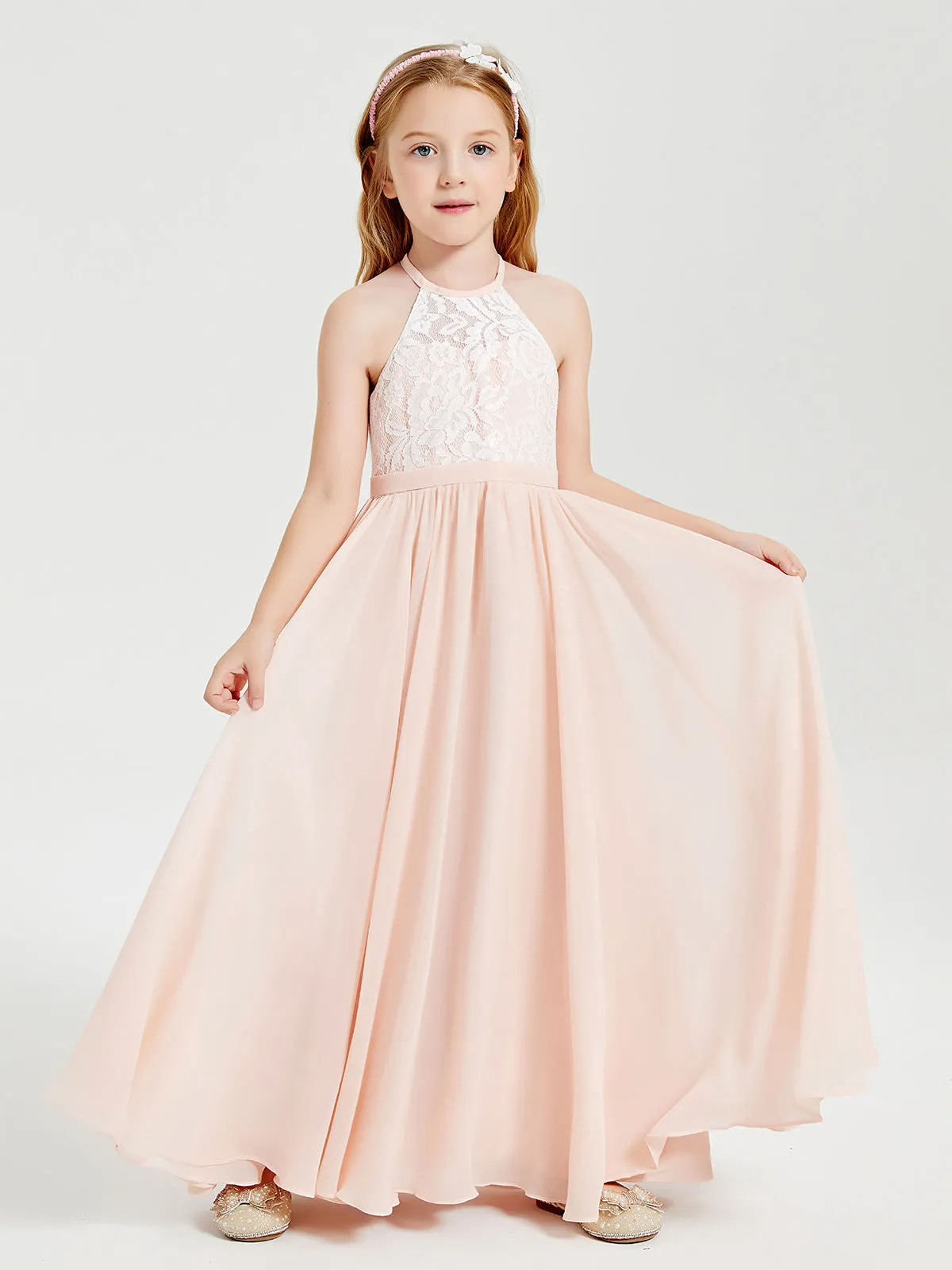 Long Chiffon Bridesmaid Dresses Lace Top Pearl Pink