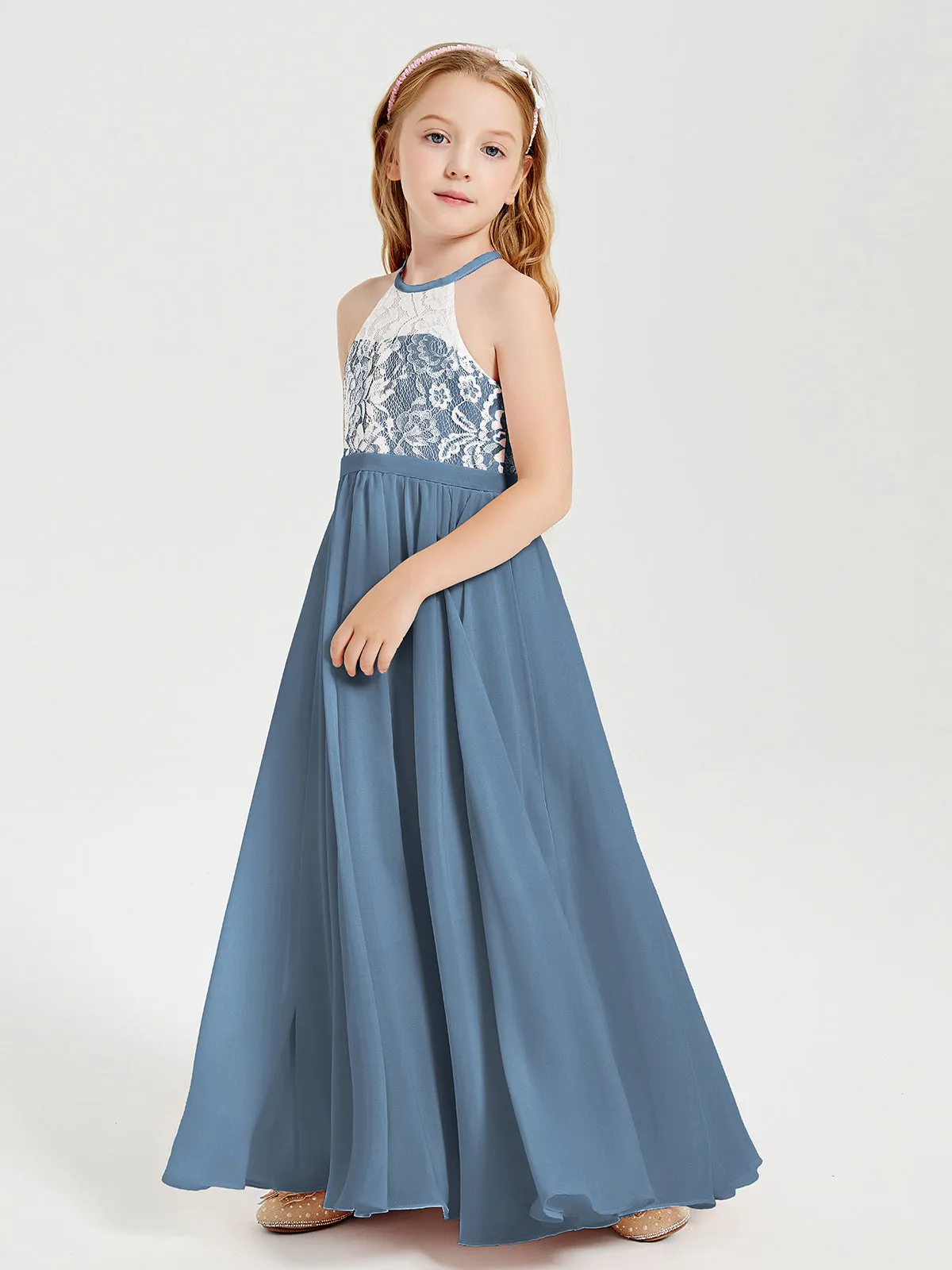 Long Chiffon Bridesmaid Dresses Lace Top Slate Blue