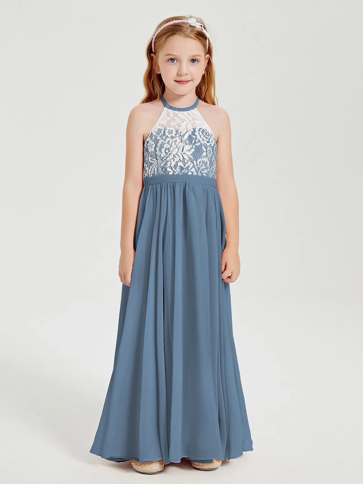 Long Chiffon Bridesmaid Dresses Lace Top Slate Blue