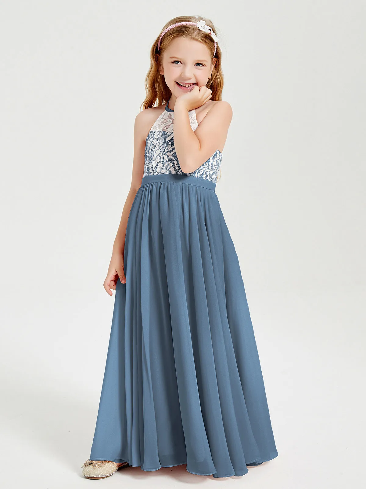 Long Chiffon Bridesmaid Dresses Lace Top Slate Blue