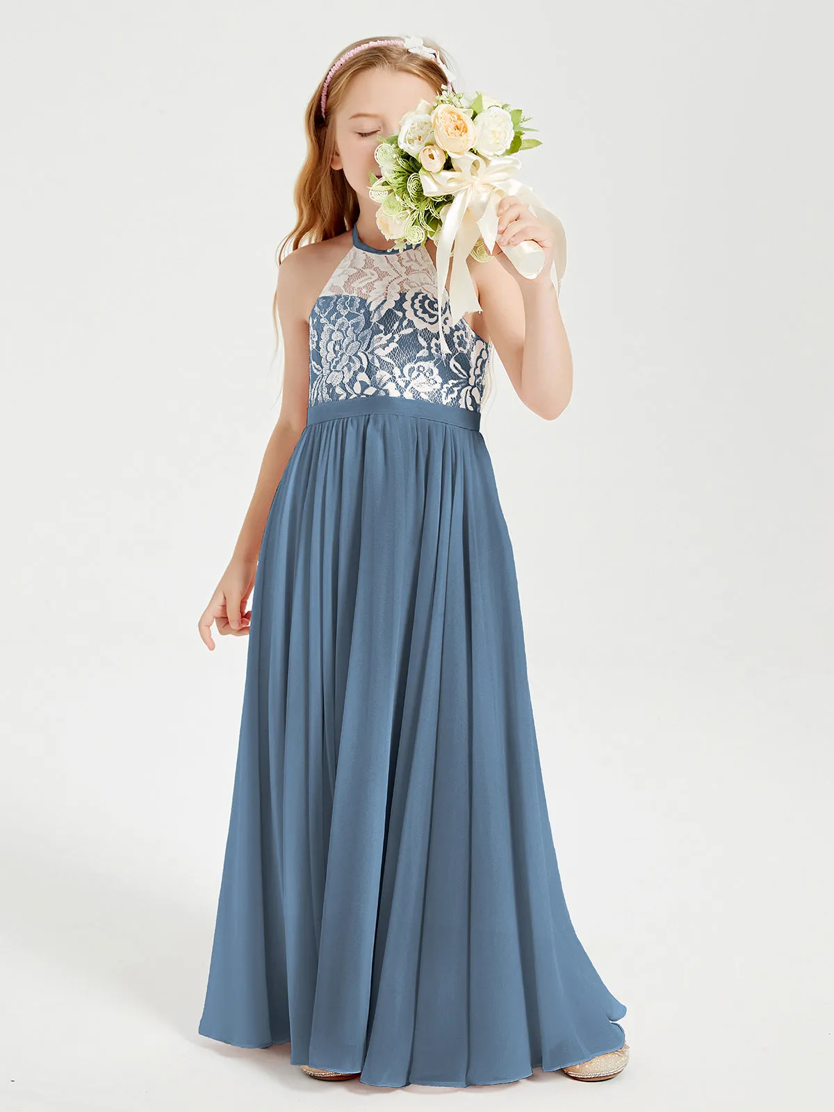 Long Chiffon Bridesmaid Dresses Lace Top Slate Blue