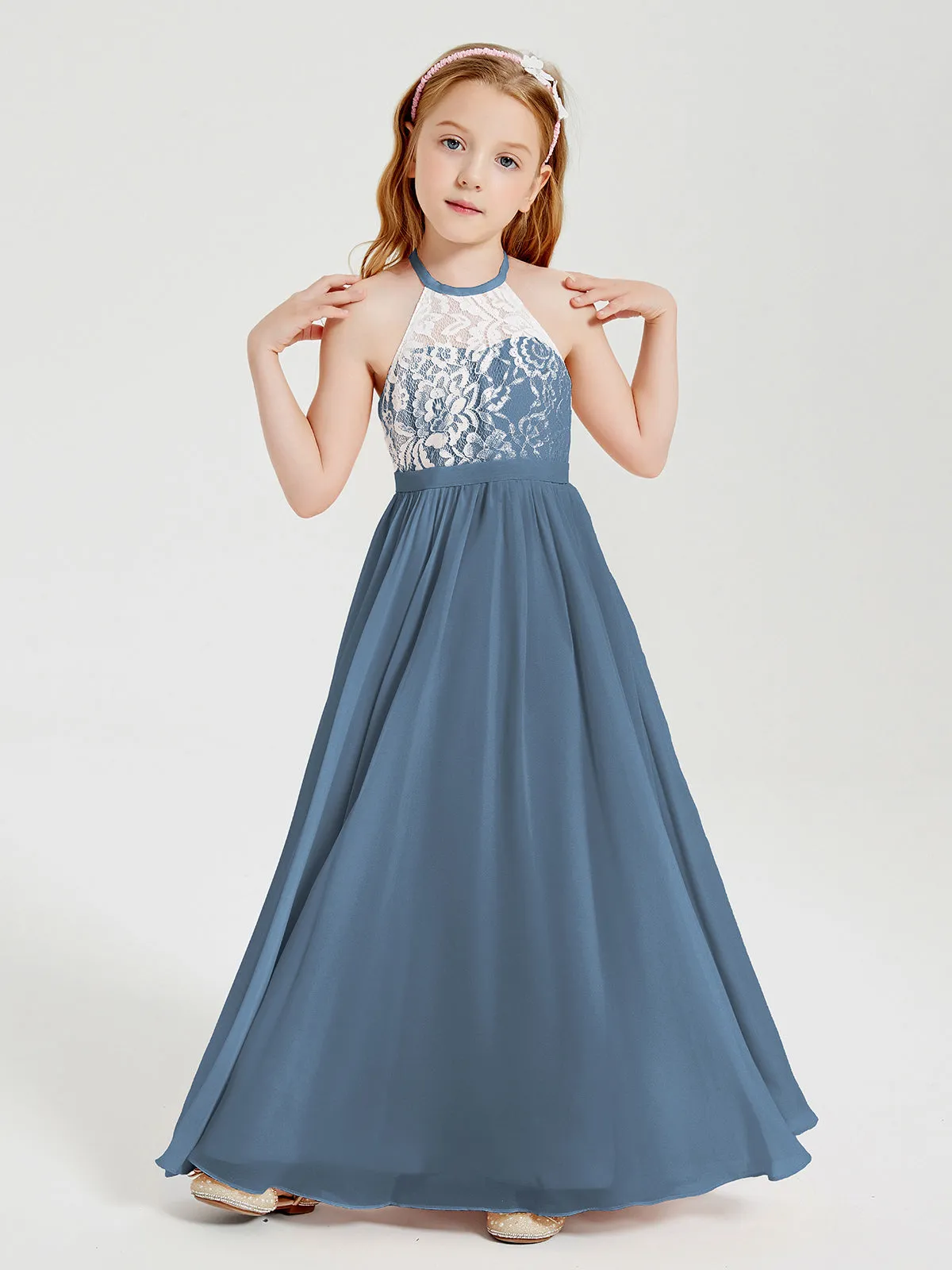 Long Chiffon Bridesmaid Dresses Lace Top Slate Blue