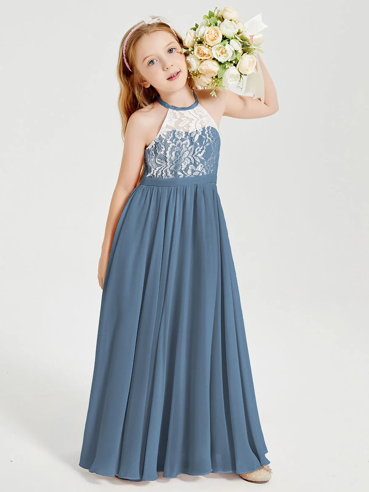 Long Chiffon Bridesmaid Dresses Lace Top Slate Blue