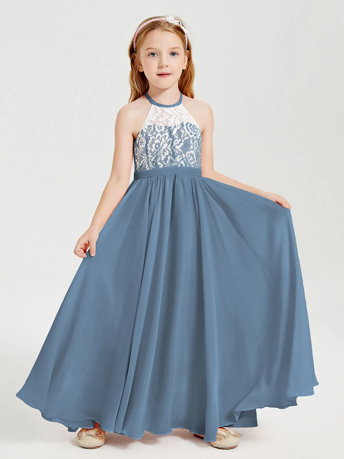 Long Chiffon Bridesmaid Dresses Lace Top Slate Blue